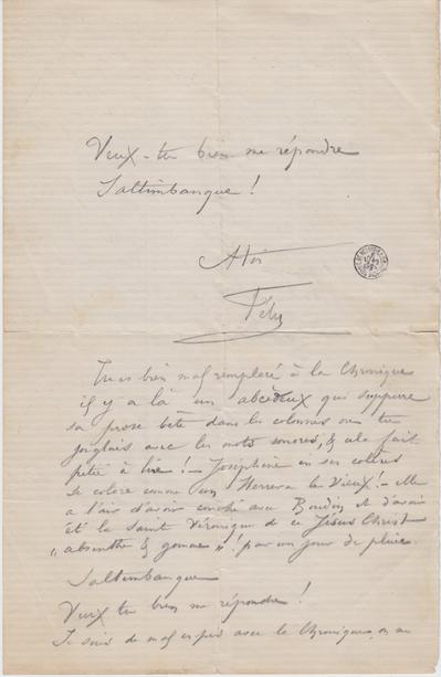 Lettre de Félicien Rops à [Léon] [Dommartin]. s.l., 0000/00/00. Bruxelles, Bibliothèque royale de Belgique, II/6655/469/11