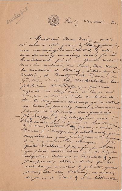 Lettre de Félicien Rops à [Léon] [Dommartin]. Paris, 0000/00/20. Bruxelles, Bibliothèque royale de Belgique, II/6655/469/31