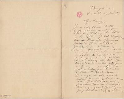 Lettre de Félicien Rops à [Léon?] [Dommartin?]. Paimpol, 0000/07/29. Bruxelles, Bibliothèque royale de Belgique, II/6655/469/33