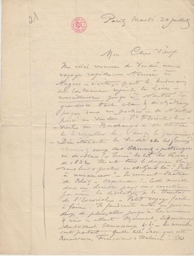 Lettre de Félicien Rops à [Léon?] [Dommartin?]. Paris, 0000/07/20. Bruxelles, Bibliothèque royale de Belgique, II/6655/469/35