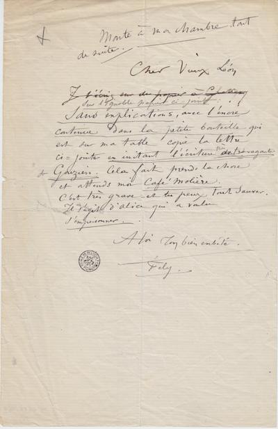 Lettre de Félicien Rops à Léon [Dommartin]. s.l., 0000/00/00. Bruxelles, Bibliothèque royale de Belgique, II/6655/469/4