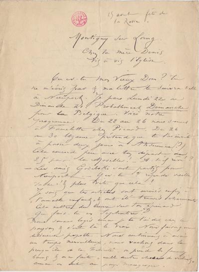 Lettre de Félicien Rops à [Léon] Dommartin. s.l., 0000/08/15. Bruxelles, Bibliothèque royale de Belgique, II/6655/469/42