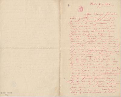 Lettre de Félicien Rops à [Léon] [Dommartin]. Paris, 0000/07/04. Bruxelles, Bibliothèque royale de Belgique, II/6655/469/53
