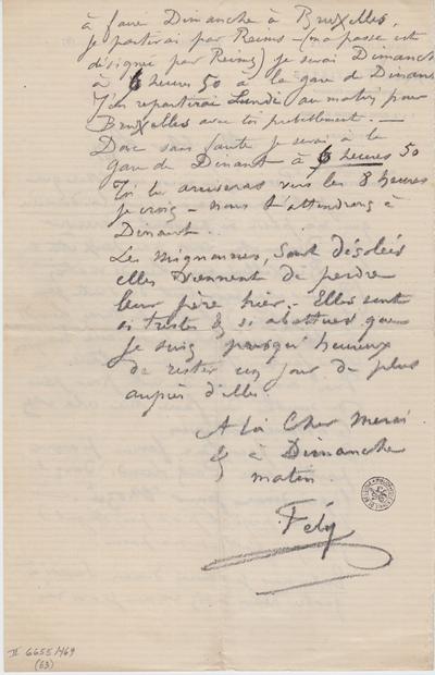 Lettre de Félicien Rops à Léon [Dommartin]. s.l., 0000/00/00. Bruxelles, Bibliothèque royale de Belgique, II/6655/469/63