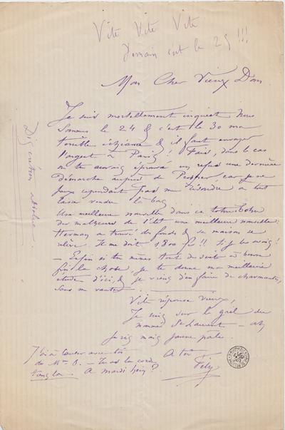 Lettre de Félicien Rops à [Léon] Dommartin. s.l., 0000/00/24. Bruxelles, Bibliothèque royale de Belgique, II/6655/469/75