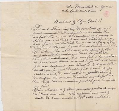 Lettre de Félicien Rops à [Léon?] [Dommartin?]. s.l., 0000/05/27. Bruxelles, Bibliothèque royale de Belgique, II/6655/469/84