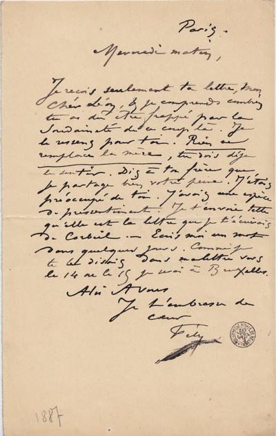 Lettre de Félicien Rops à Léon [Dommartin]. Paris, 1887/00/00. Bruxelles, Bibliothèque royale de Belgique, II/6655/469/86