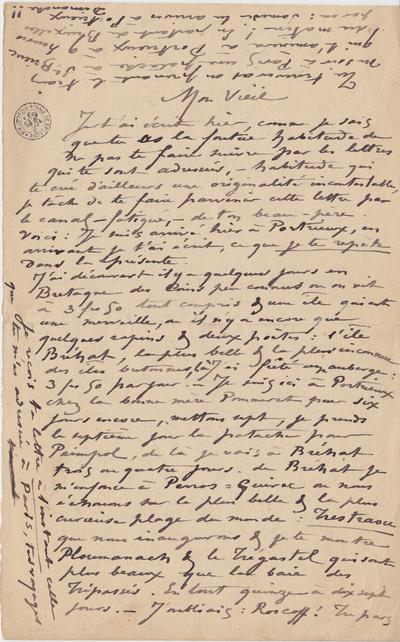 Lettre de Félicien Rops à [Léon?] [Dommartin?]. Portrieux, 0000/00/00. Bruxelles, Bibliothèque royale de Belgique, II/6655/469/90