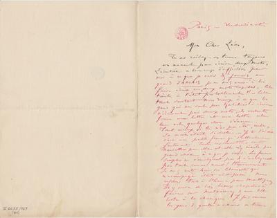 Lettre de Félicien Rops à Léon [Dommartin]. Paris, 0000/00/00. Bruxelles, Bibliothèque royale de Belgique, II/6655/469/91