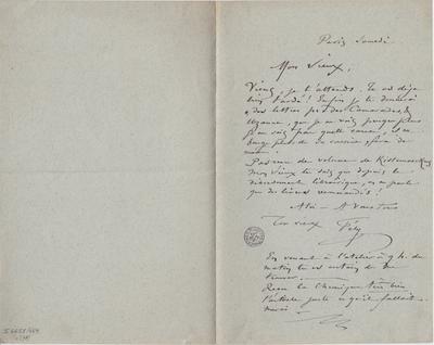 Lettre de Félicien Rops à [Léon?] [Dommartin?]. Paris, 0000/00/00. Bruxelles, Bibliothèque royale de Belgique, II/6655/469/97