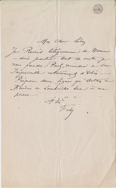 Lettre de Félicien Rops à Léon [Dommartin]. [Bruxelles], 0000/00/00. Bruxelles, Bibliothèque royale de Belgique, II/6655/470/102