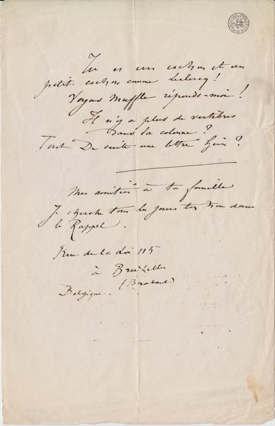 Lettre de Félicien Rops à [Léon ?] [Dommartin ?]. Bruxelles, 0000/00/00. Bruxelles, Bibliothèque royale de Belgique, II/6655/470/107