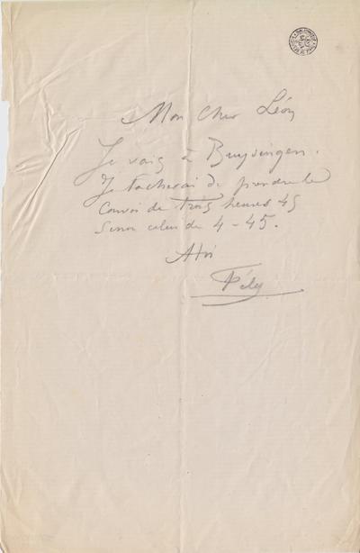 Lettre de Félicien Rops à Léon [Dommartin]. s.l., 0000/00/00. Bruxelles, Bibliothèque royale de Belgique, II/6655/470/109