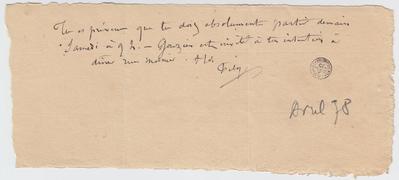 Lettre de Félicien Rops à [Léon ?] [Dommartin ?]. [Paris], 1878/04/00. Bruxelles, Bibliothèque royale de Belgique, II/6655/470/110
