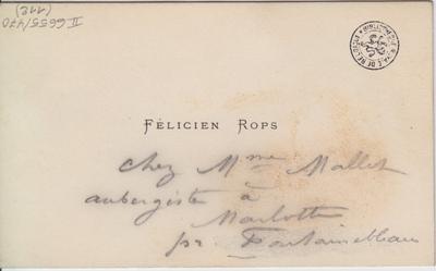 Carte de visite de Félicien Rops à [Léon ?] [Dommartin ?]. Marlotte, 0000/00/00. Bruxelles, Bibliothèque royale de Belgique, II/6655/470/112