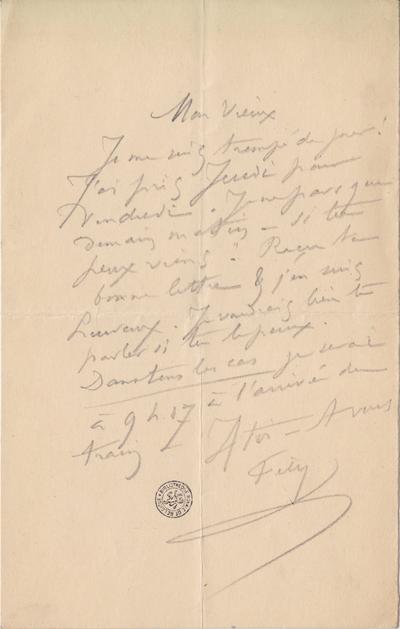 Lettre de Félicien Rops à [Léon ?] [Dommartin ?]. s.l., 0000/00/00. Bruxelles, Bibliothèque royale de Belgique, II/6655/470/114