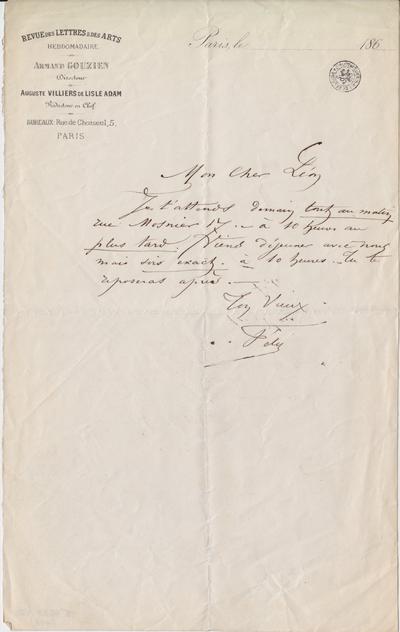 Lettre de Félicien Rops à [Léon] Dommartin. Paris, 0000/00/00. Bruxelles, Bibliothèque royale de Belgique, II/6655/470/115
