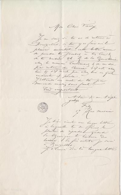 Lettre de Félicien Rops à [Léon] [Dommartin]. Paris, 0000/00/00. Bruxelles, Bibliothèque royale de Belgique, II/6655/470/116