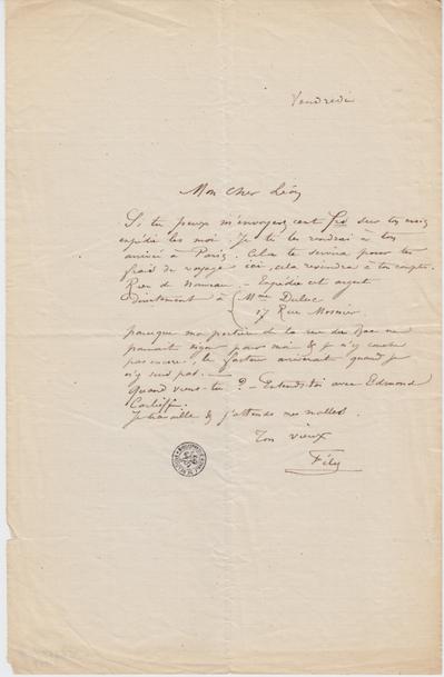 Lettre de Félicien Rops à Léon [Dommartin]. [Paris], 0000/00/00. Bruxelles, Bibliothèque royale de Belgique, II/6655/470/119