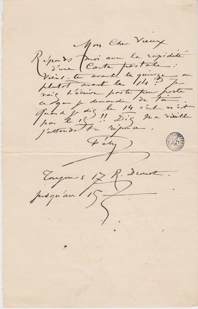 Lettre de Félicien Rops à [Léon] [Dommartin]. Paris, 0000/00/00. Bruxelles, Bibliothèque royale de Belgique, II/6655/470/12