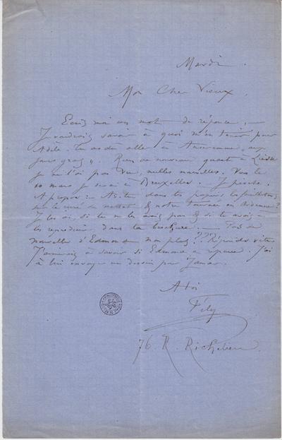 Lettre de Félicien Rops à Léon Dommartin. Paris, 0000/00/00. Bruxelles, Bibliothèque royale de Belgique, II/6655/470/120