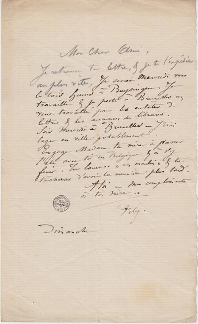 Lettre de Félicien Rops à Inconnu. s.l., 0000/00/00. Bruxelles, Bibliothèque royale de Belgique, II/6655/470/121