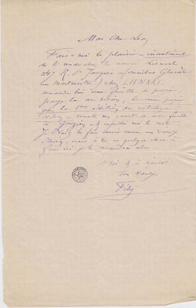 Lettre de Félicien Rops à Léon [Dommartin]. s.l., 0000/00/00. Bruxelles, Bibliothèque royale de Belgique, II/6655/470/129