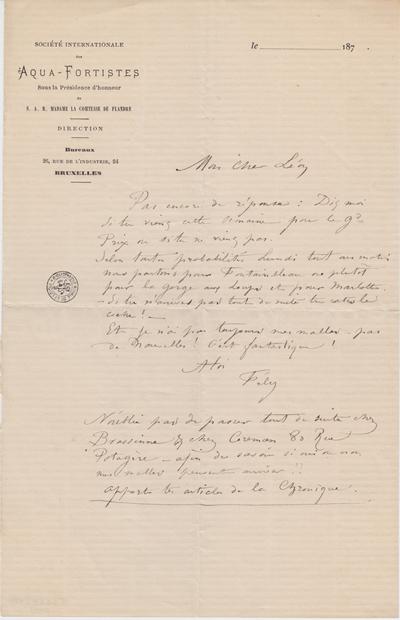 Lettre de Félicien Rops à Léon [Dommartin]. s.l., 0000/00/00. Bruxelles, Bibliothèque royale de Belgique, II/6655/470/130