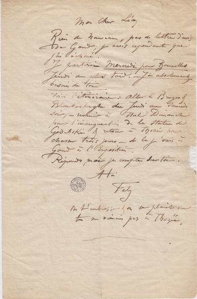 Lettre de Félicien Rops à Léon [Dommartin]. [Mettet], 0000/00/00. Bruxelles, Bibliothèque royale de Belgique, II/6655/470/135