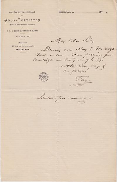 Lettre de Félicien Rops à Léon [Dommartin]. s.l., 0000/00/00. Bruxelles, Bibliothèque royale de Belgique, II/6655/470/137