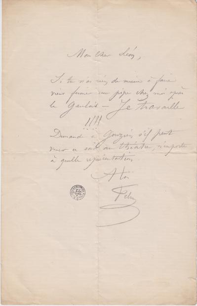 Lettre de Félicien Rops à Léon [Dommartin]. s.l., 0000/00/00. Bruxelles, Bibliothèque royale de Belgique, II/6655/470/139