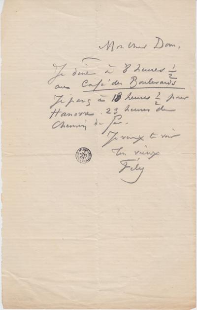 Lettre de Félicien Rops à [Léon] Dommartin. [Paris], 0000/00/00. Bruxelles, Bibliothèque royale de Belgique, II/6655/470/19