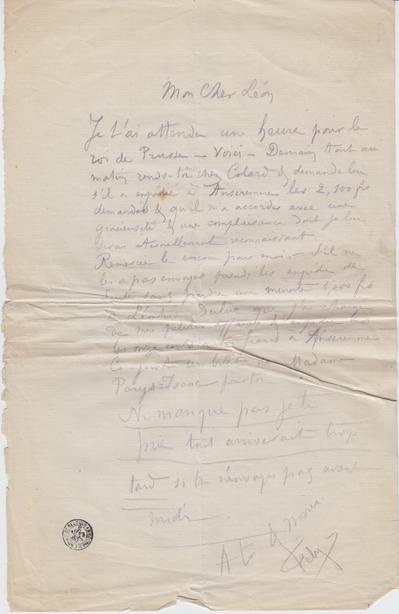 Lettre de Félicien Rops à Léon [Dommartin]. [Anseremme], 0000/00/00. Bruxelles, Bibliothèque royale de Belgique, II/6655/470/21