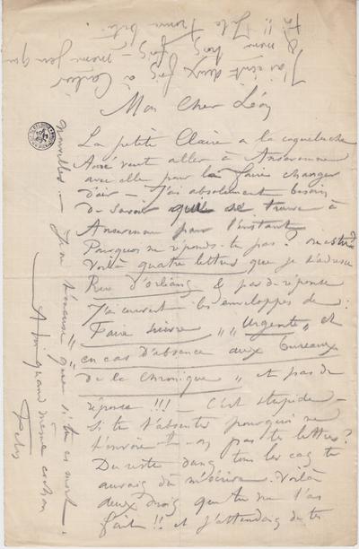 Lettre de Félicien Rops à Léon [Dommartin]. s.l., 0000/00/00. Bruxelles, Bibliothèque royale de Belgique, II/6655/470/24