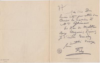 Lettre de Félicien Rops à [Léon] Dommartin. s.l., 1877/00/00. Bruxelles, Bibliothèque royale de Belgique, II/6655/470/26