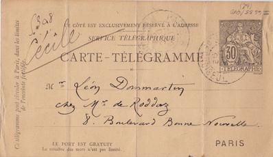 Carte-Télégramme de Félicien Rops à Léon Dommartin. [Paris], 1892/12/29. Bruxelles, Bibliothèque royale de Belgique, II/6655/470/32
