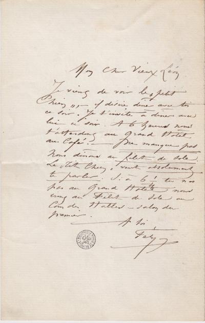 Lettre de Félicien Rops à Léon [Dommartin]. s.l., 0000/00/00. Bruxelles, Bibliothèque royale de Belgique, II/6655/470/40