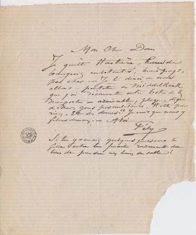 Lettre de Félicien Rops à [Léon] Dommartin. [Hastière], 0000/00/00. Bruxelles, Bibliothèque royale de Belgique, II/6655/470/43