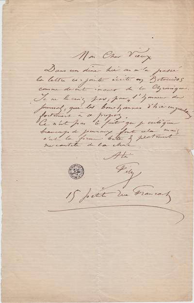 Lettre de Félicien Rops à [Léon] [Dommartin]. Bruxelles, 0000/00/00. Bruxelles, Bibliothèque royale de Belgique, II/6655/470/45