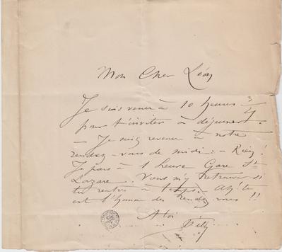 Lettre de Félicien Rops à Léon [Dommartin]. [Paris], 0000/00/00. Bruxelles, Bibliothèque royale de Belgique, II/6655/470/47