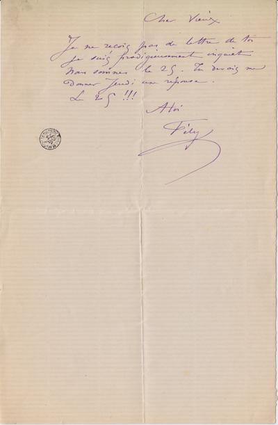 Lettre de Félicien Rops à [Léon ?] [Dommartin ?]. s.l., 0000/00/25. Bruxelles, Bibliothèque royale de Belgique, II/6655/470/50