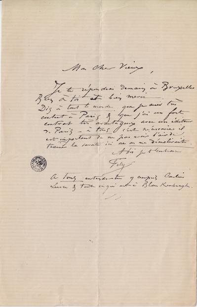 Lettre de Félicien Rops à [Léon] [Dommartin]. [Paris], 0000/00/00. Bruxelles, Bibliothèque royale de Belgique, II/6655/470/52