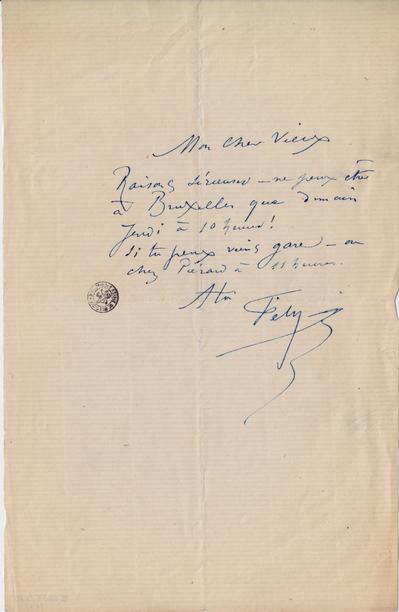 Lettre de Félicien Rops à [Léon ?] [Dommartin ?]. s.l., 0000/00/00. Bruxelles, Bibliothèque royale de Belgique, II/6655/470/57