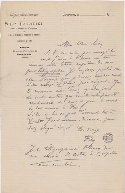Lettre de Félicien Rops à Léon [Dommartin]. s.l., 0000/00/00. Bruxelles, Bibliothèque royale de Belgique, II/6655/470/6