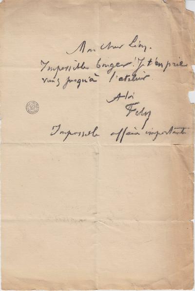 Lettre de Félicien Rops à [Léon] Dommartin. s.l., 0000/00/00. Bruxelles, Bibliothèque royale de Belgique, II/6655/470/61