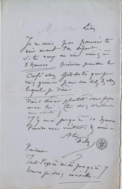 Lettre de Félicien Rops à [Léon] Dommartin. [Paris], 0000/00/00. Bruxelles, Bibliothèque royale de Belgique, II/6655/470/62