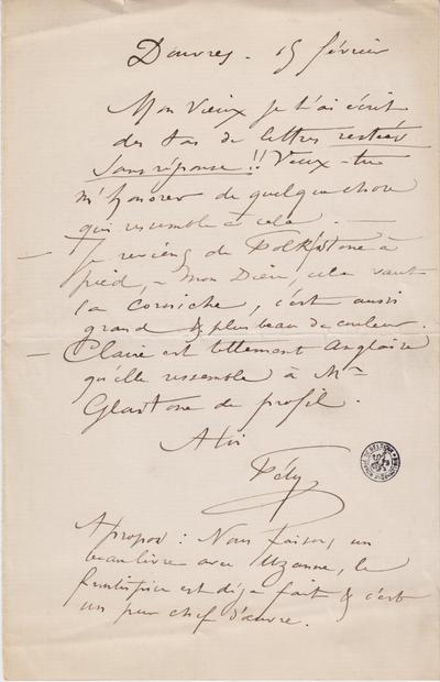 Lettre de Félicien Rops à Léon Dommartin. Douvres, 0000/02/15. Bruxelles, Bibliothèque royale de Belgique, II/6655/470/7