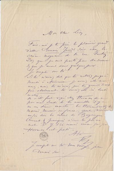 Lettre de Félicien Rops à Léon [Dommartin]. s.l., 0000/00/00. Bruxelles, Bibliothèque royale de Belgique, II/6655/470/73