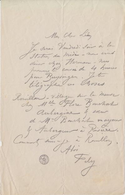 Lettre de Félicien Rops à Léon [Dommartin]. [Annevoie-Rouillon], 0000/00/00. Bruxelles, Bibliothèque royale de Belgique, II/6655/470/75