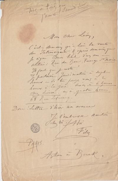 Lettre de Félicien Rops à Léon [Dommartin]. Paris, 0000/00/00. Bruxelles, Bibliothèque royale de Belgique, II/6655/470/77